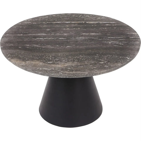 Charcoal round coffee table with dark travertine top and conical base.