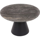 Charcoal round coffee table with dark travertine top and conical base.