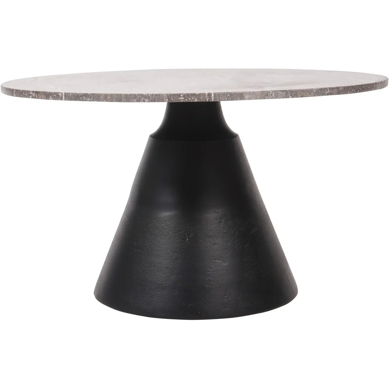 Charcoal black coffee table with dark travertine top and conical base.