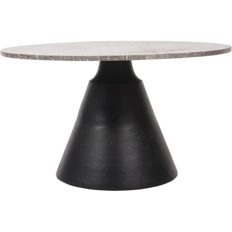 Charcoal black coffee table with dark travertine top and conical base.