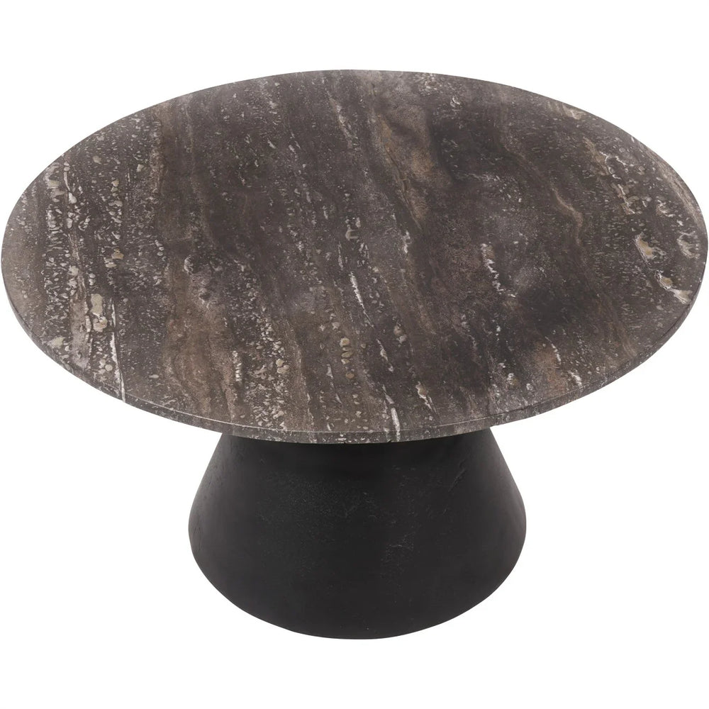 Round coffee table with dark travertine top and charcoal black base.