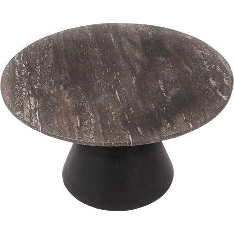 Round coffee table with dark travertine top and charcoal black base.