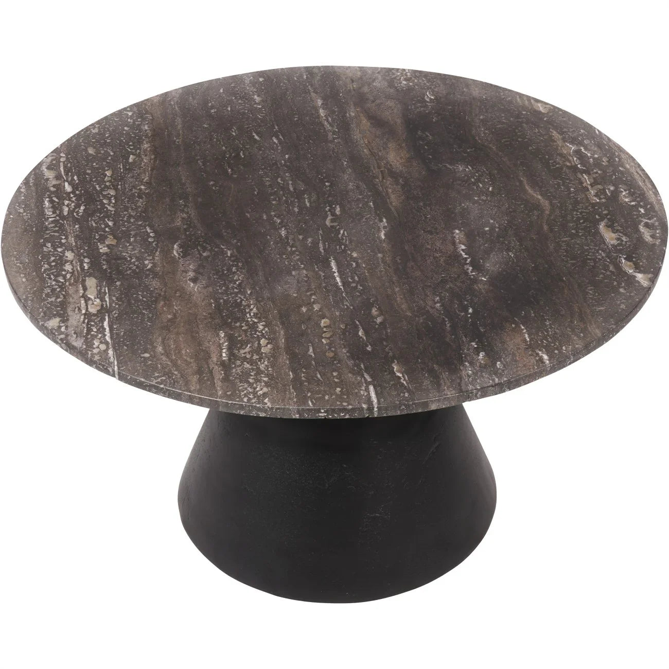 Round coffee table with dark travertine top and charcoal black base.