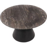 Round coffee table with dark travertine top and charcoal black base.