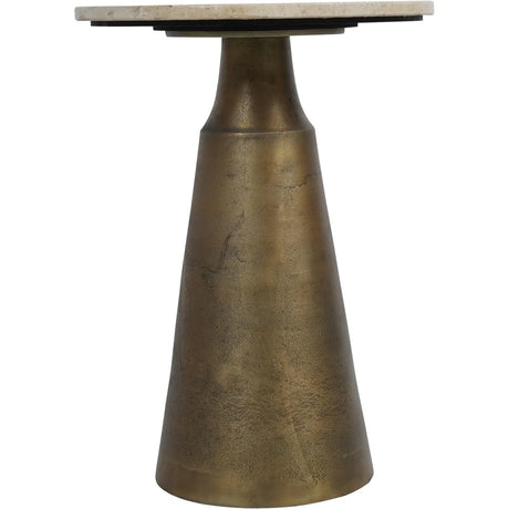 Bronze-finished conical base with light travertine top.