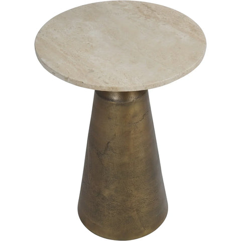 Round travertine top side table with a conical bronze base.