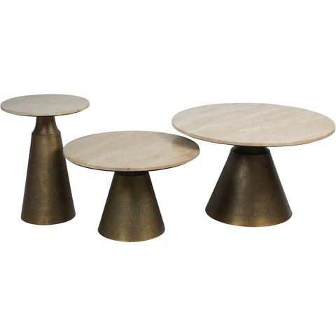 Three light travertine tables with bronze conical bases in varying heights.