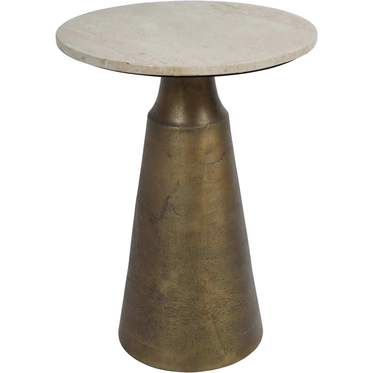 Beige travertine round side table with bronze conical base | Home Centre Direct UK