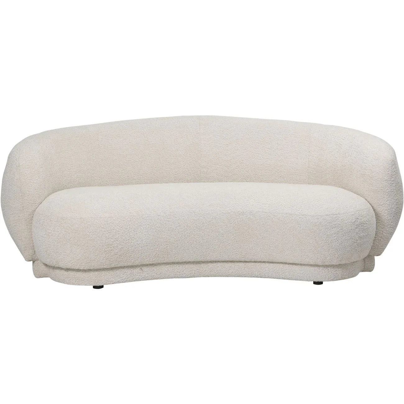 Cream curved sofa with textured fabric and rounded backrest.