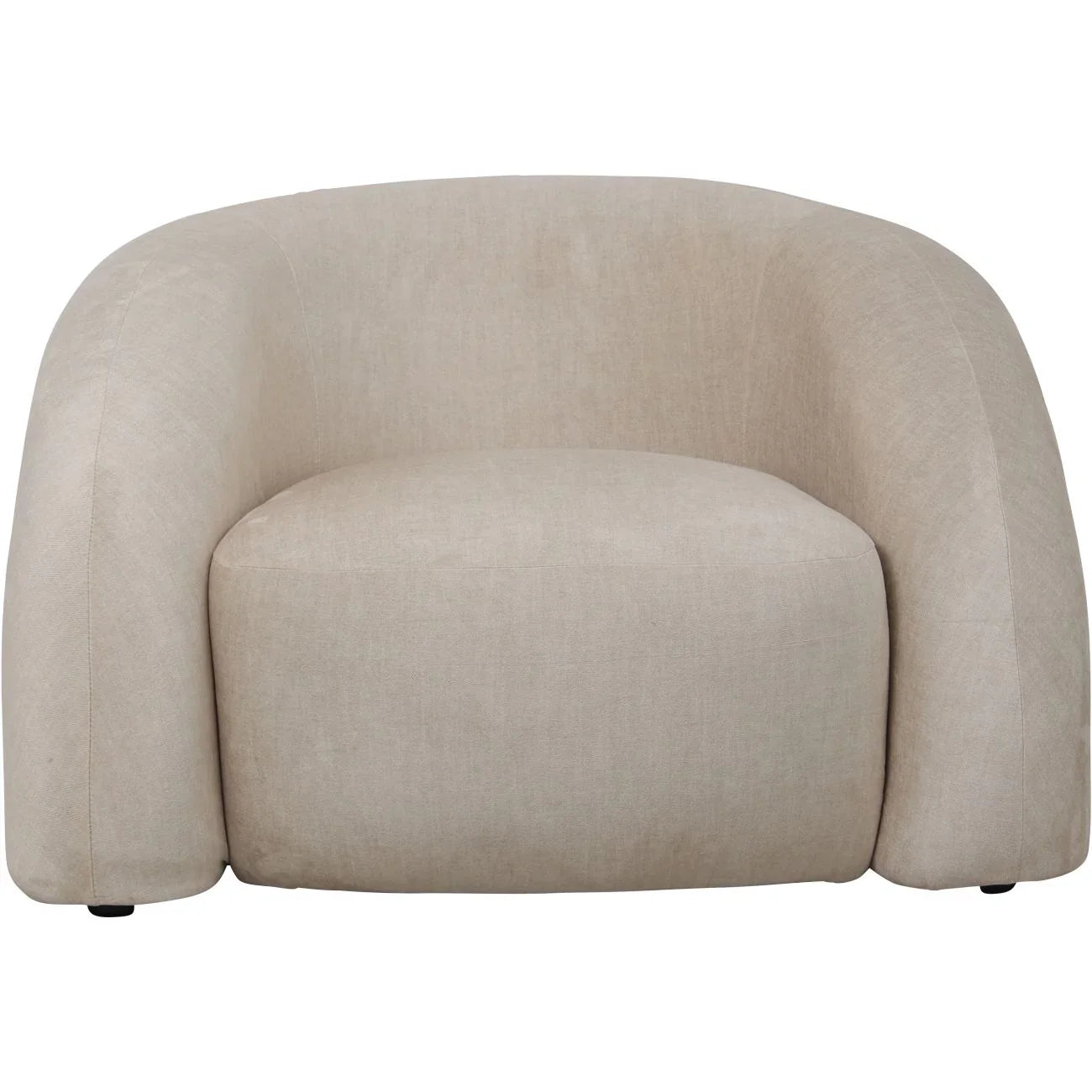 Cream fabric chair with rounded arms and a plush seat.