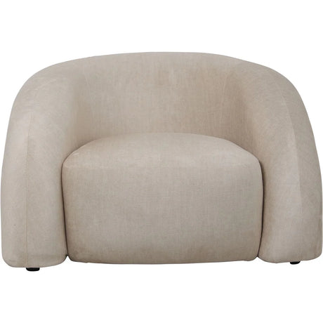 Cream fabric chair with rounded arms and a plush seat.