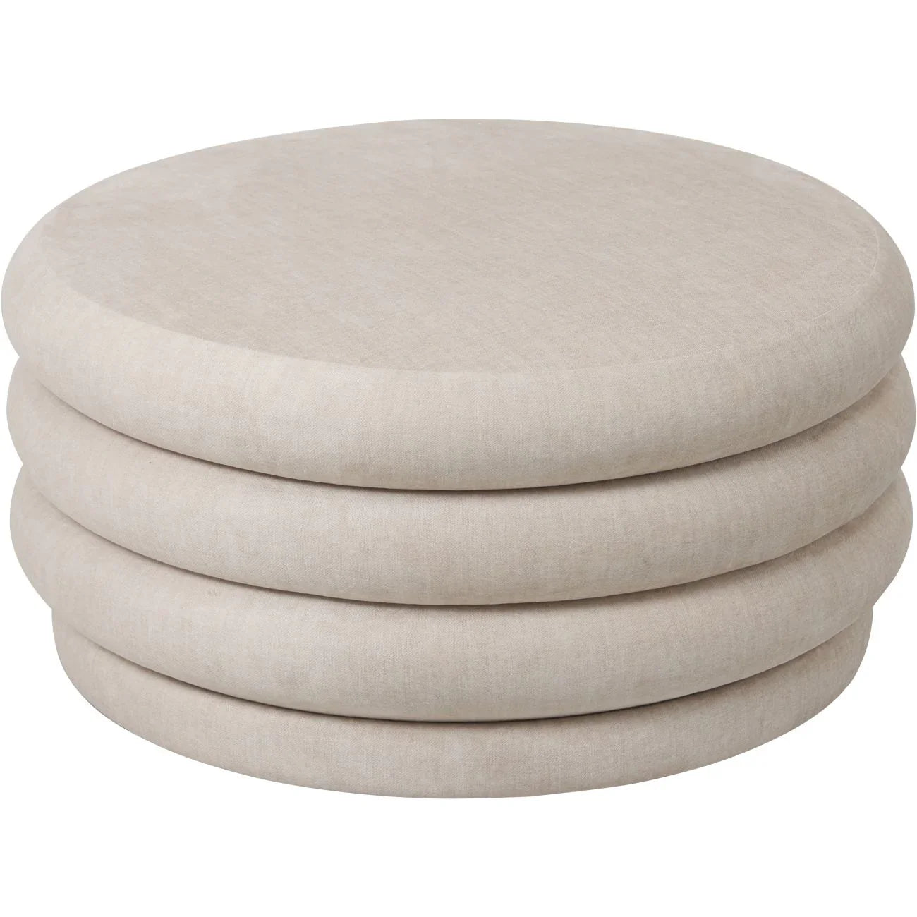 Cream round ottoman with layered cushion design.