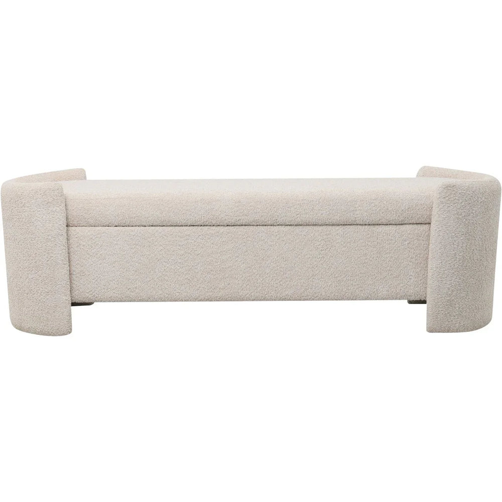 Cream upholstered bench with curved sides and hidden storage.