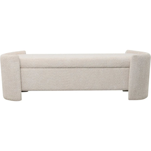 Cream upholstered bench with curved sides and hidden storage.