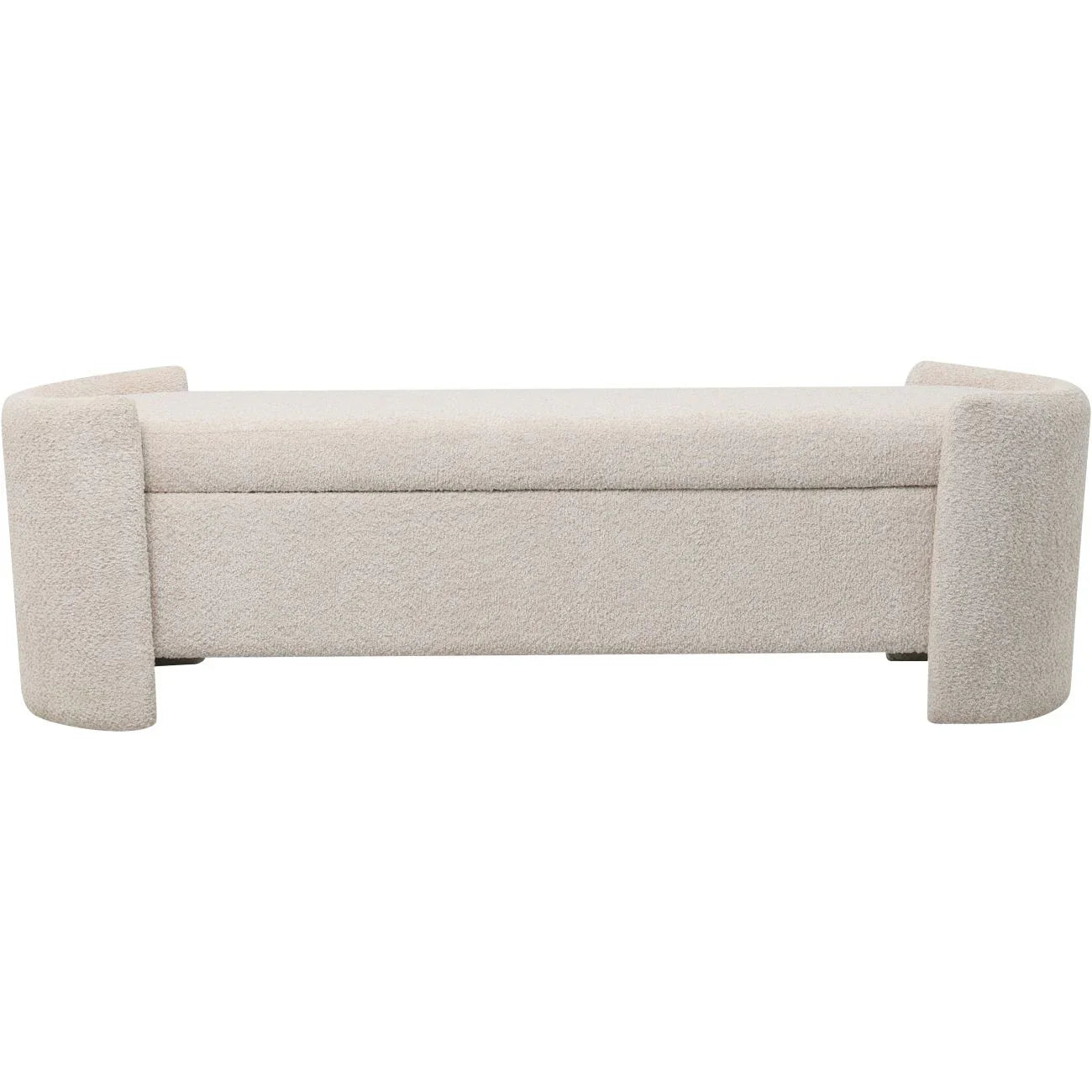 Cream upholstered bench with curved sides and hidden storage.