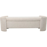 Cream upholstered bench with curved sides and hidden storage.