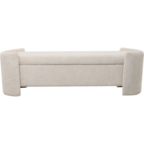 Cream upholstered bench with curved sides and hidden storage.