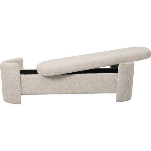 Cream upholstered bench with open storage lid, showcasing interior space.