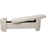 Cream upholstered bench with open storage lid, showcasing interior space.