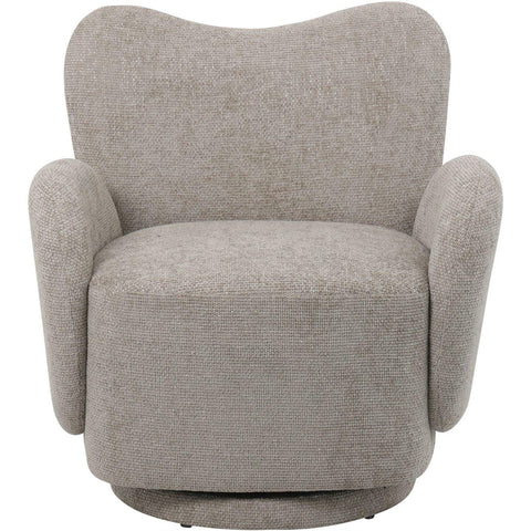 Neutral textured swivel chair with rounded arms and backrest.