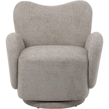 Neutral textured swivel chair with rounded arms and backrest.