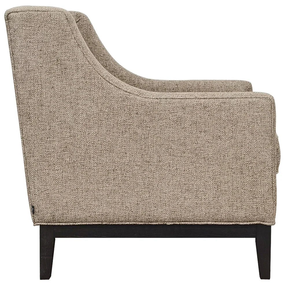 Dark taupe armchair side view with textured fabric and dark wooden legs.