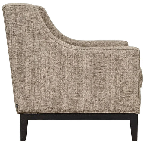 Dark taupe armchair side view with textured fabric and dark wooden legs.