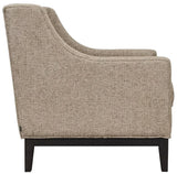 Dark taupe armchair side view with textured fabric and dark wooden legs.