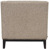 Back view of taupe armchair with textured fabric and dark wooden legs.