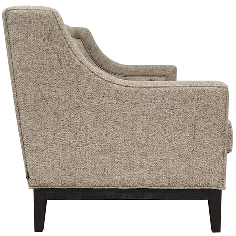 Side view of taupe sofa with textured fabric and dark wooden legs.