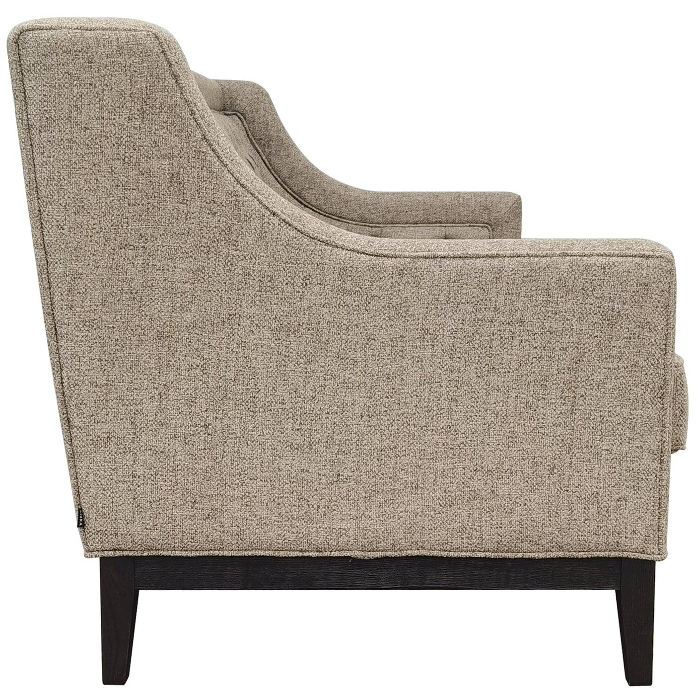Side view of taupe sofa with textured fabric and dark wooden legs.