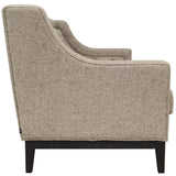 Side view of taupe sofa with textured fabric and dark wooden legs.