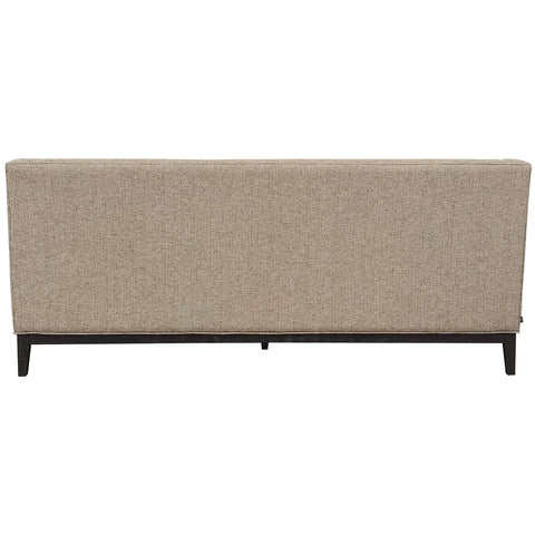 Back view of taupe sofa with textured fabric and dark wooden legs.