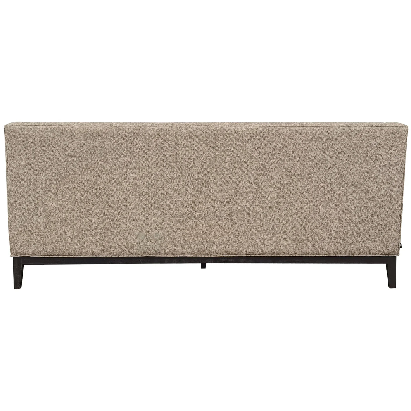Back view of taupe sofa with textured fabric and dark wooden legs.
