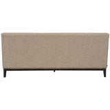 Back view of taupe sofa with textured fabric and dark wooden legs.