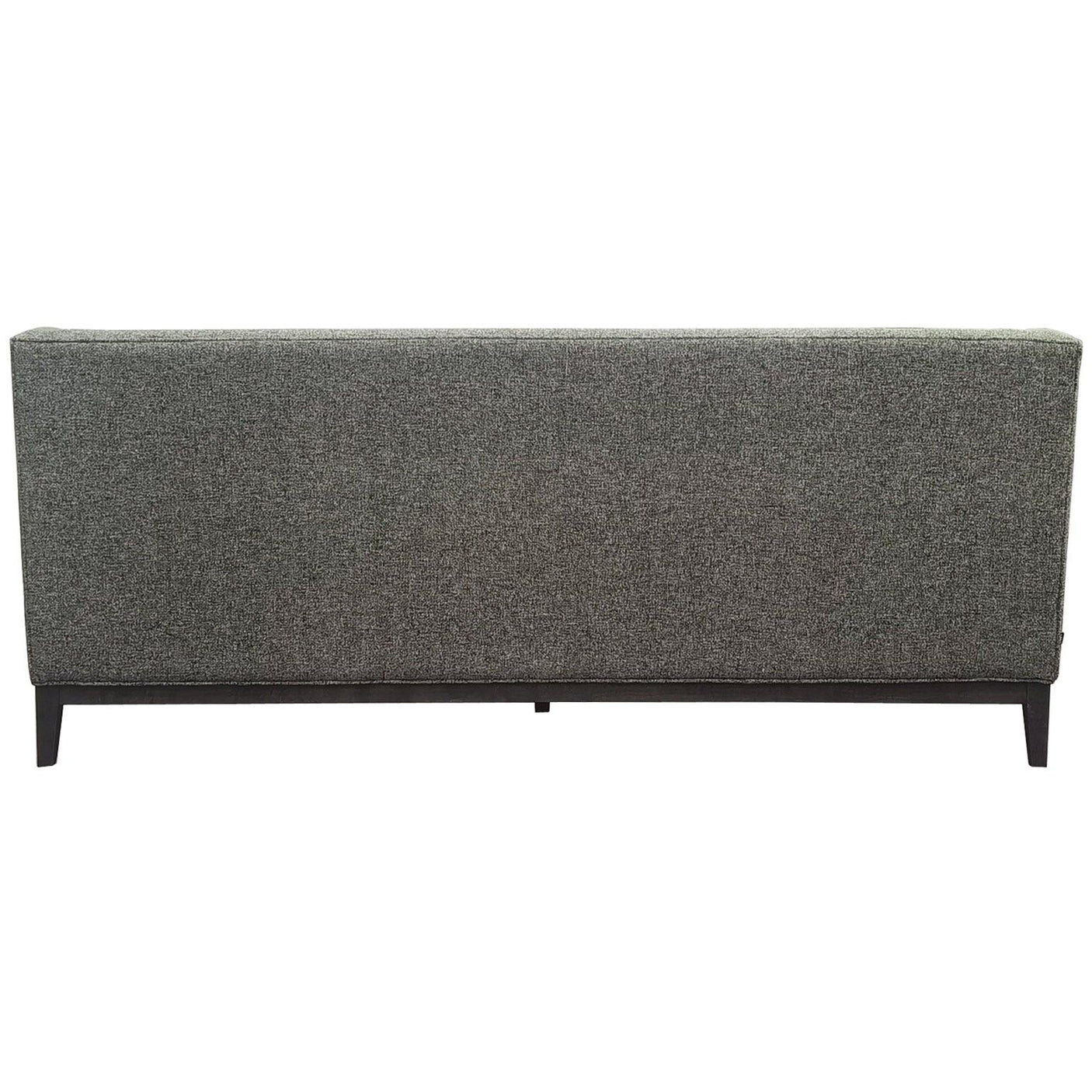 Back view of a forest green sofa with textured upholstery.