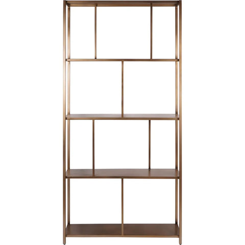 Brushed champagne shelving unit with open rectangular design.