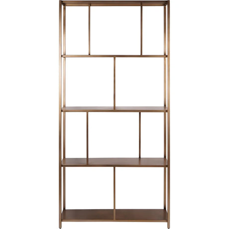 Brushed champagne shelving unit with open rectangular design.