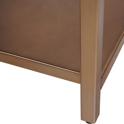 Brushed champagne shelving unit corner detail showing smooth finish.
