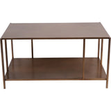 Brushed champagne coffee table with sleek metal frame and lower shelf.