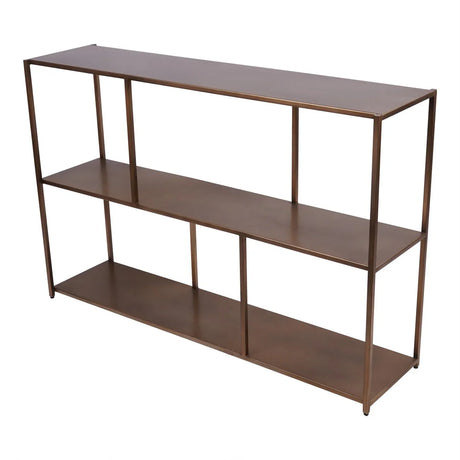 Brushed champagne console table with three open shelves.