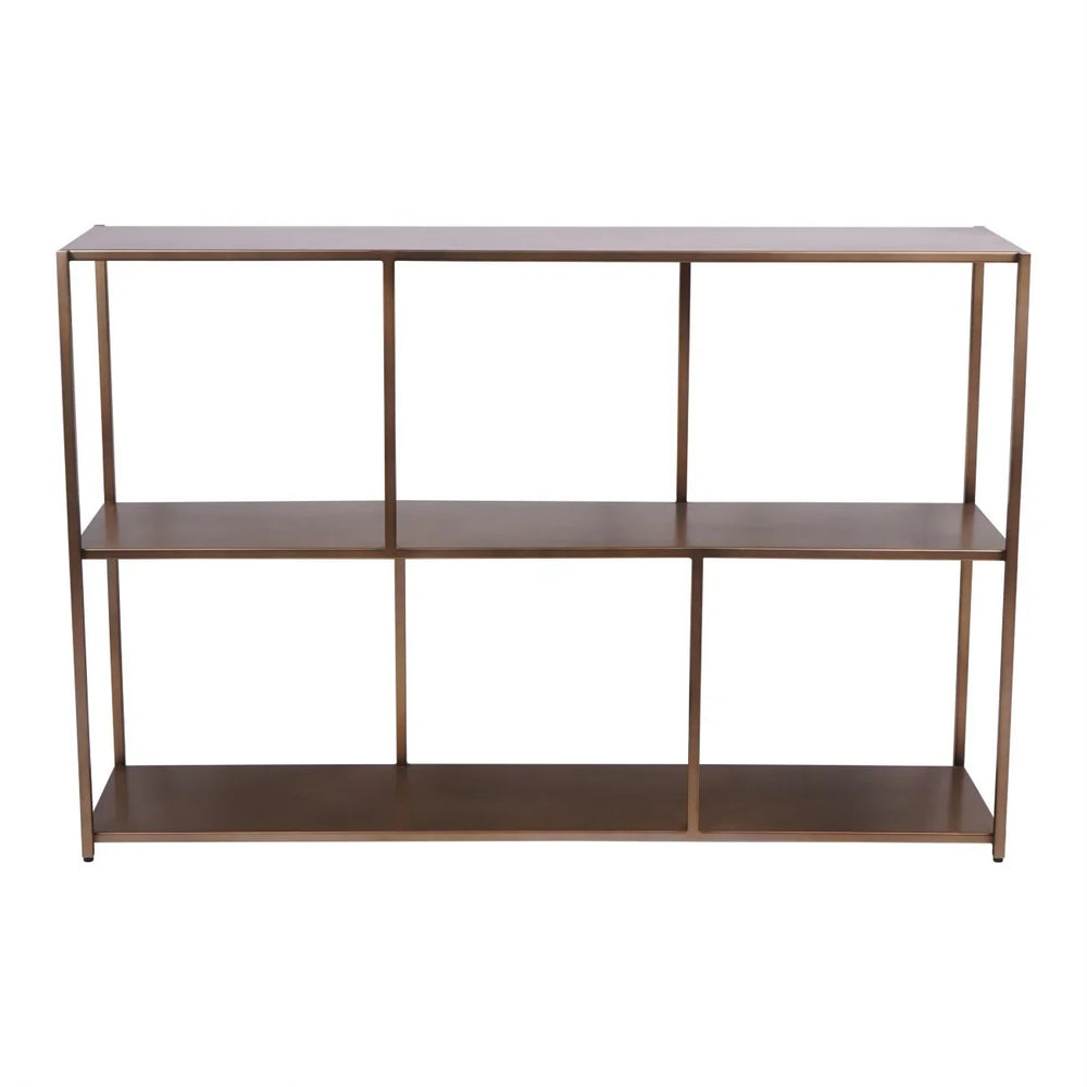 Brushed champagne console table with open shelving design.