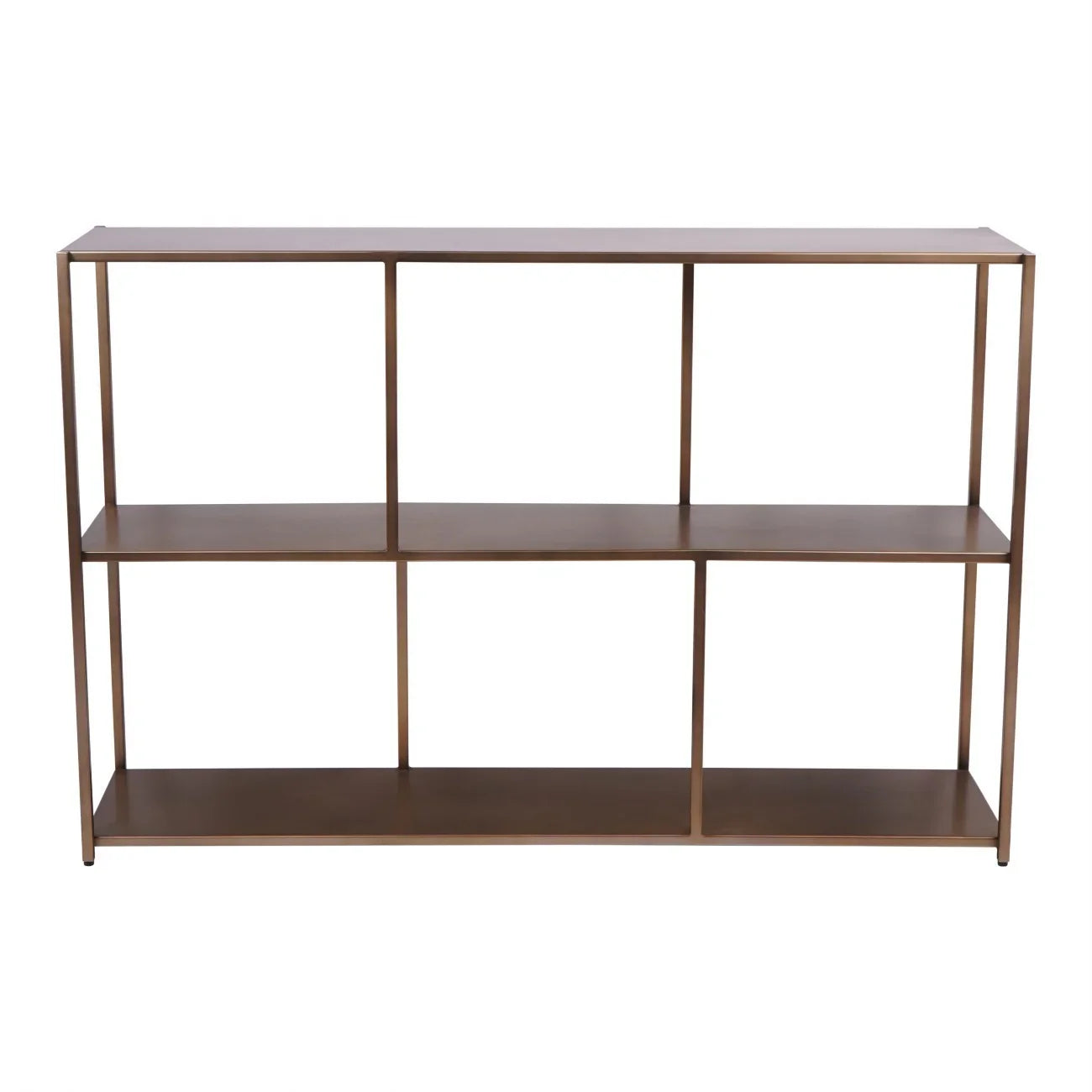 Brushed champagne console table with open shelving design.