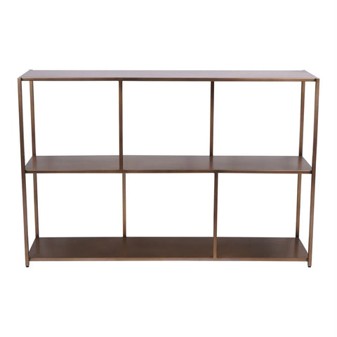 Brushed champagne console table with open shelving design.