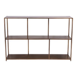 Brushed champagne console table with open shelving design.