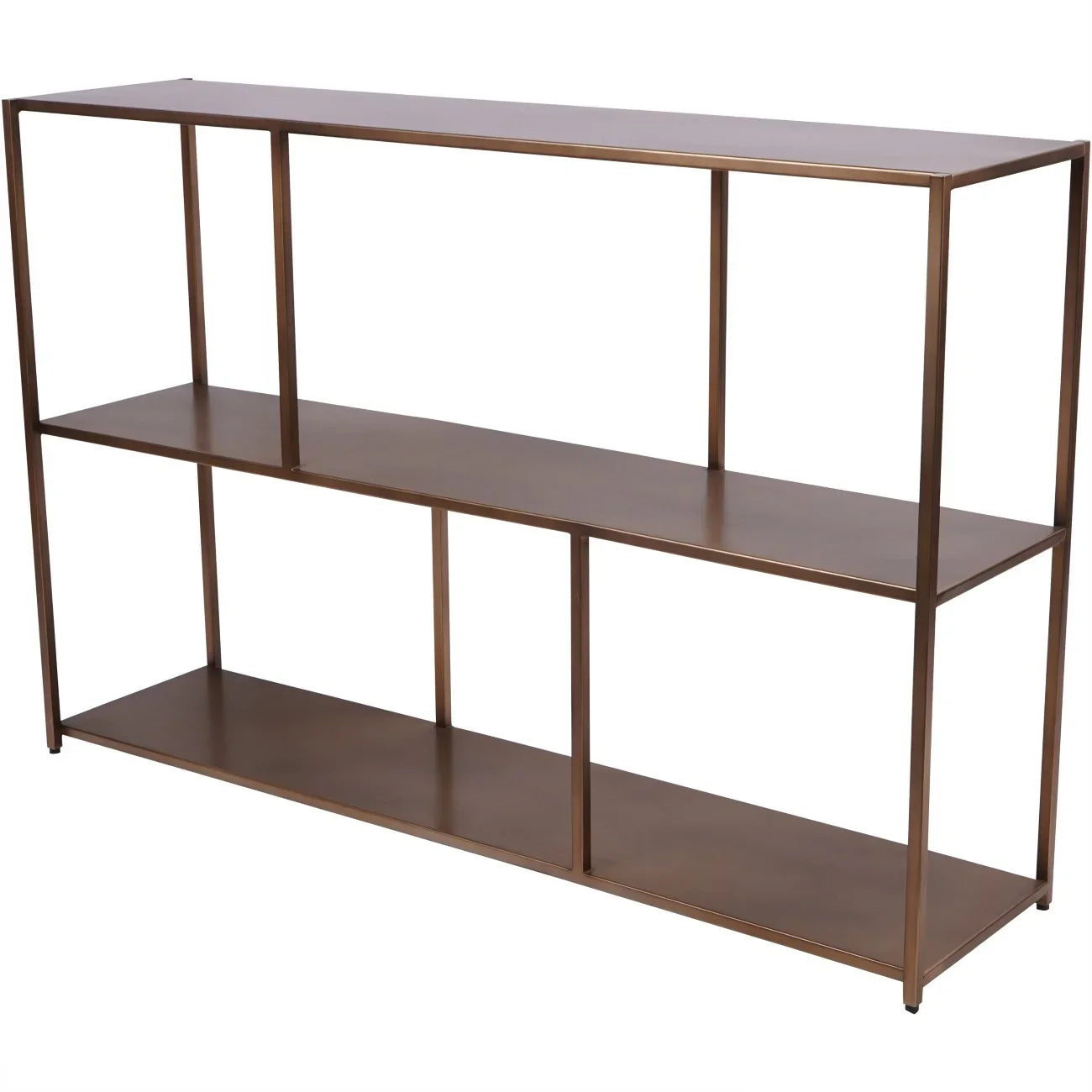 Brushed champagne metal console table with open shelving | Home Centre Direct UK