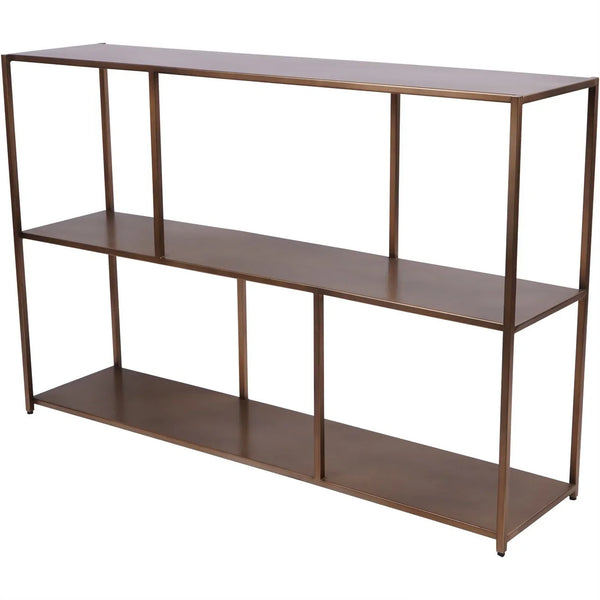 Brushed champagne metal console table with open shelving | Home Centre Direct UK