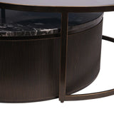 Black nesting table with ribbed texture and marble top detail.