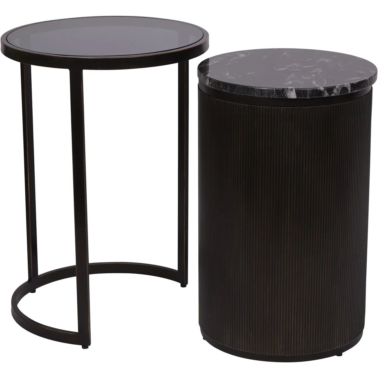 Black nesting side tables with round tops and sleek bases.