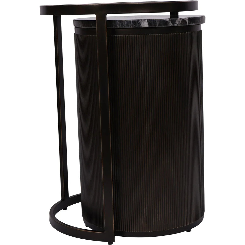 Black nesting side tables with ribbed cylindrical base.